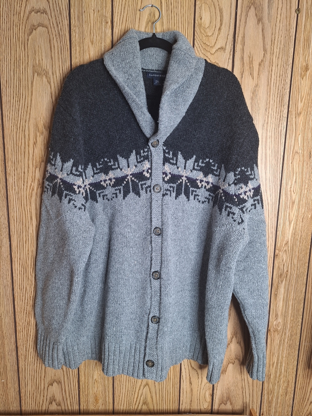 Lands' End Men's Gray Shawl-Collar Button Sweater with Nordic Yoke Size XXL